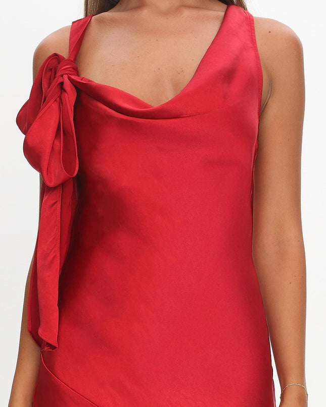 Red Bow Shoulder Split Midi Dress