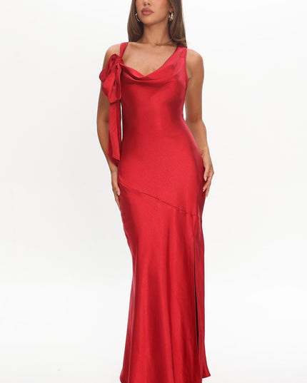 Red Bow Shoulder Split Midi Dress