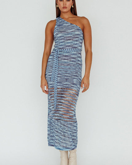 Multi One-Shoulder Knit Midi Dress Blue