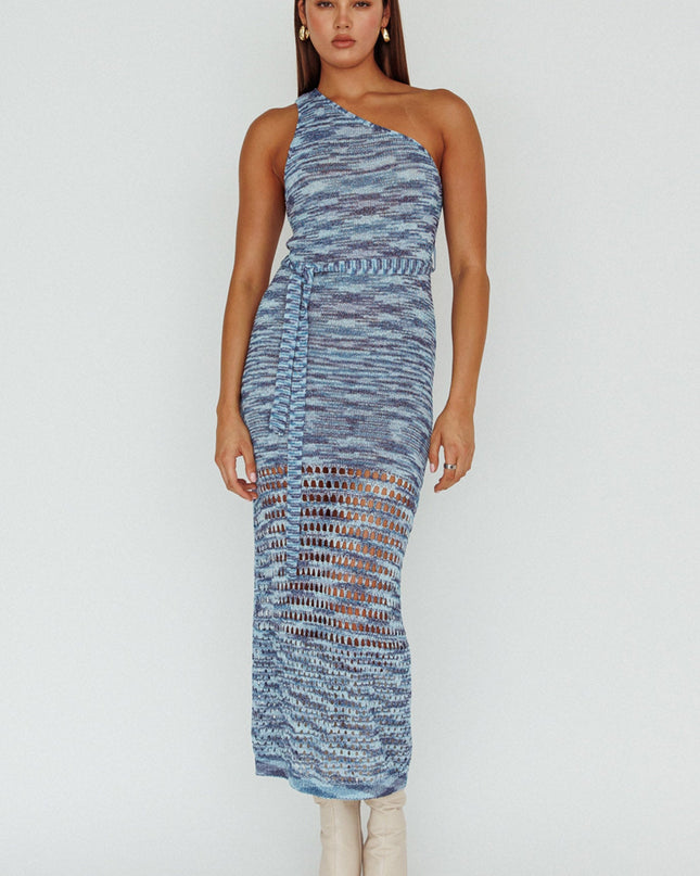 Multi One-Shoulder Knit Midi Dress Blue