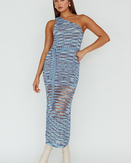Multi One-Shoulder Knit Midi Dress Blue