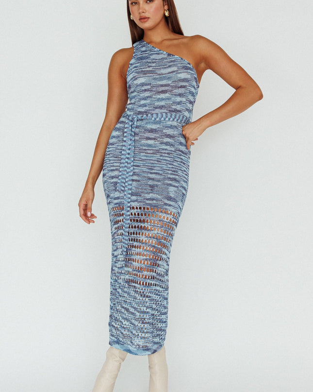 Multi One-Shoulder Knit Midi Dress Blue