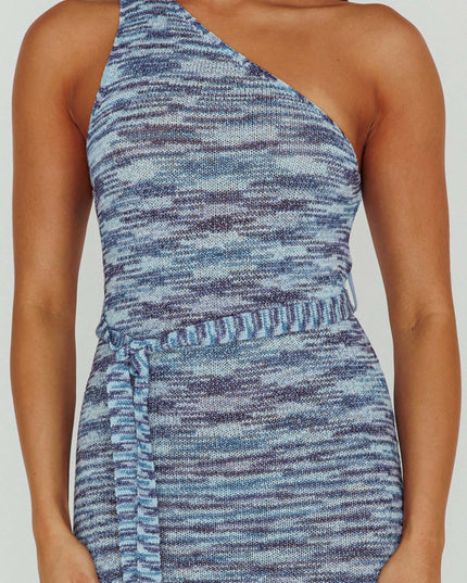 Multi One-Shoulder Knit Midi Dress Blue