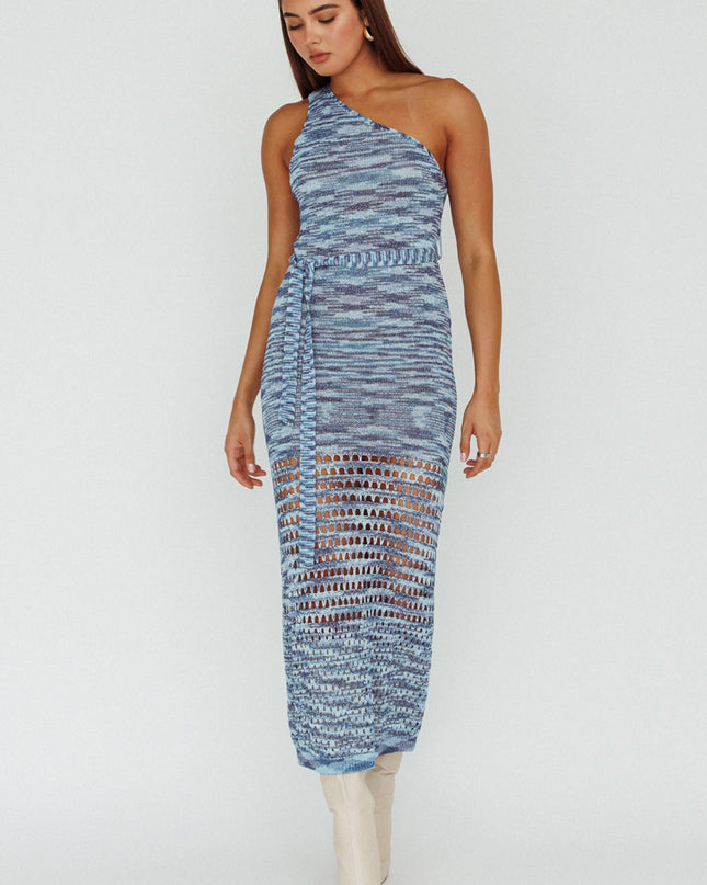 Multi One-Shoulder Knit Midi Dress Blue