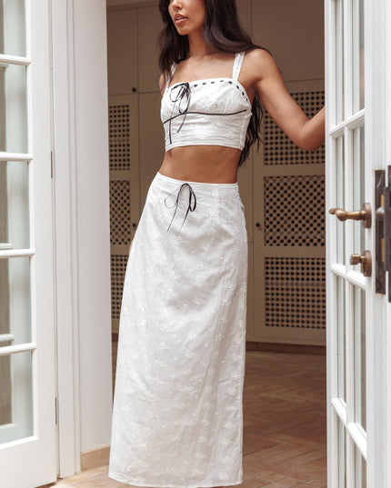 White Embroidery Bow Crop Top