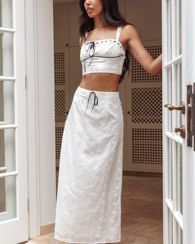 White Embroidery Bow Crop Top