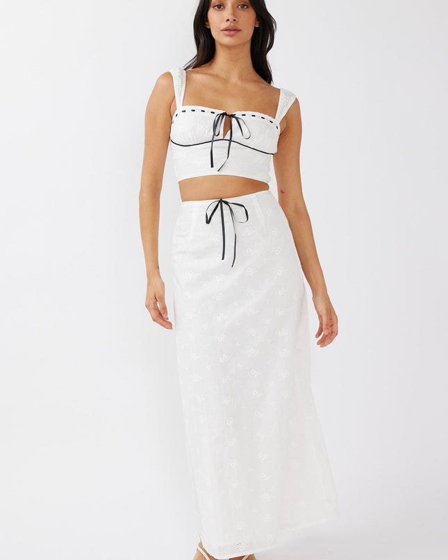 White Embroidery Bow Crop Top