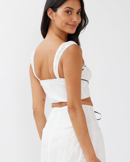White Embroidery Bow Crop Top