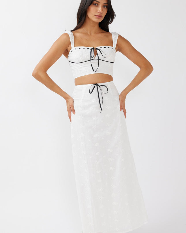 White Embroidery Bow Crop Top