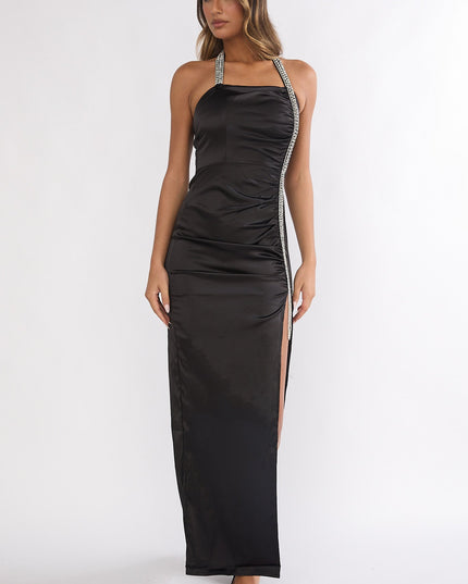 Black Halter Diamante Maxi Dress