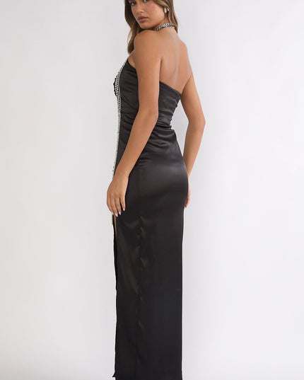 Black Halter Diamante Maxi Dress