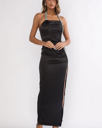 Black Halter Diamante Maxi Dress