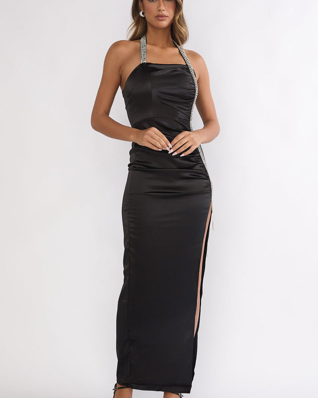 Black Halter Diamante Maxi Dress