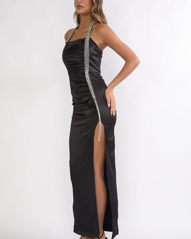 Black Halter Diamante Maxi Dress