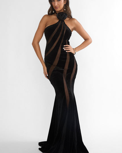 Black Velvet Mesh Maxi Dress