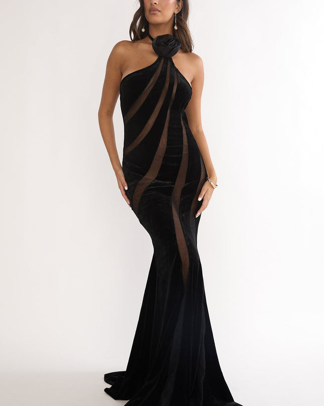 Black Velvet Mesh Maxi Dress