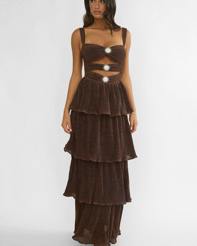 Bronze Cut-Out Bodice Layered Maxi Dress
