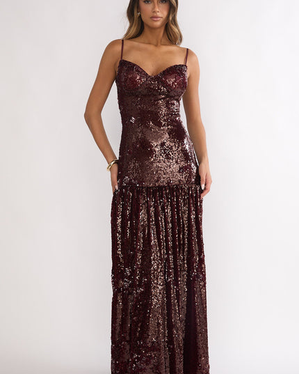 Burgundy Drop Waist Sequin Maxi Dress
