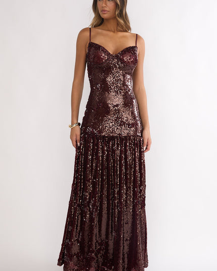 Burgundy Drop Waist Sequin Maxi Dress