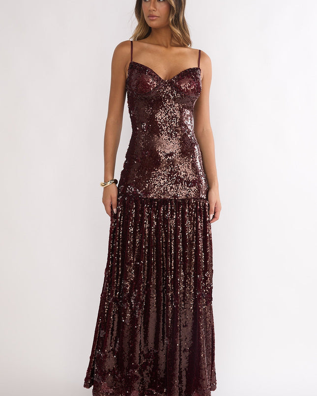 Burgundy Drop Waist Sequin Maxi Dress