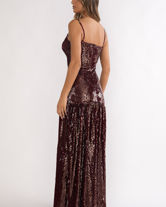 Burgundy Drop Waist Sequin Maxi Dress