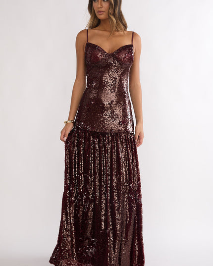 Burgundy Drop Waist Sequin Maxi Dress