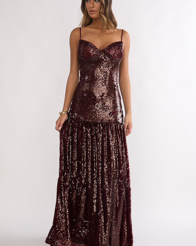 Burgundy Drop Waist Sequin Maxi Dress