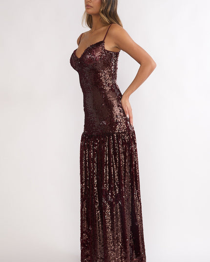 Burgundy Drop Waist Sequin Maxi Dress