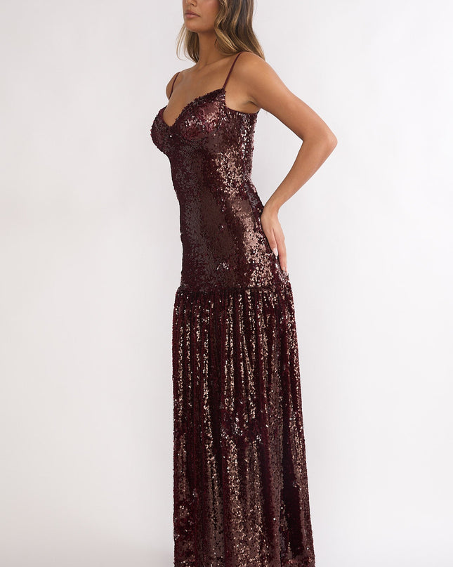 Burgundy Drop Waist Sequin Maxi Dress