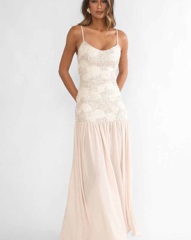Champagne Drop Waist Sequin Maxi Dress