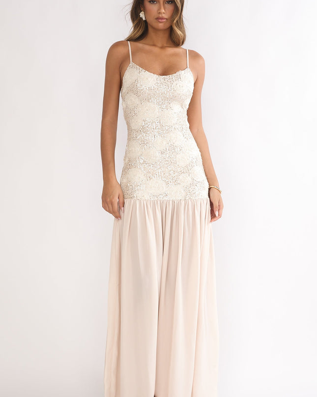 Champagne Drop Waist Sequin Maxi Dress