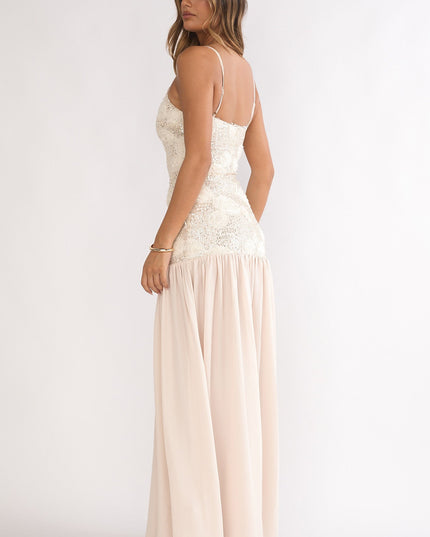 Champagne Drop Waist Sequin Maxi Dress