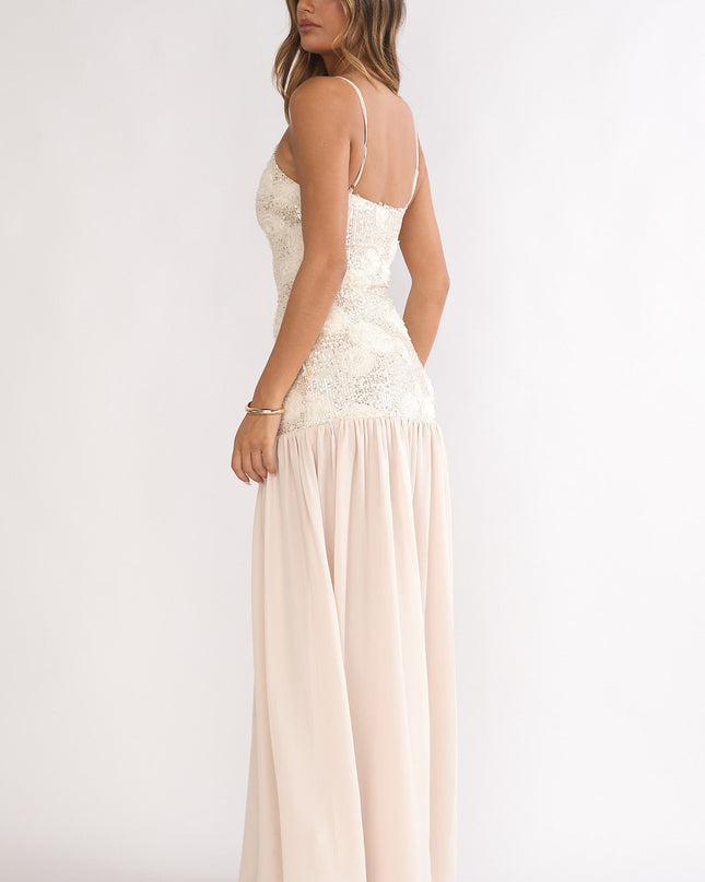 Champagne Drop Waist Sequin Maxi Dress
