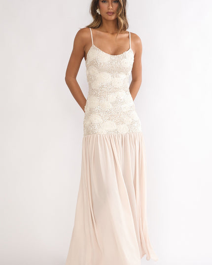 Champagne Drop Waist Sequin Maxi Dress