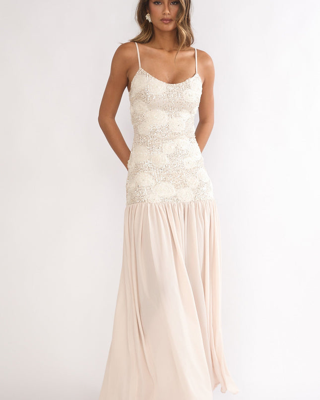 Champagne Drop Waist Sequin Maxi Dress