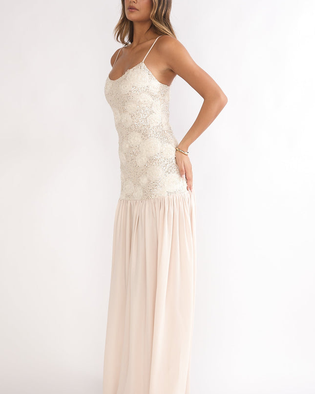 Champagne Drop Waist Sequin Maxi Dress