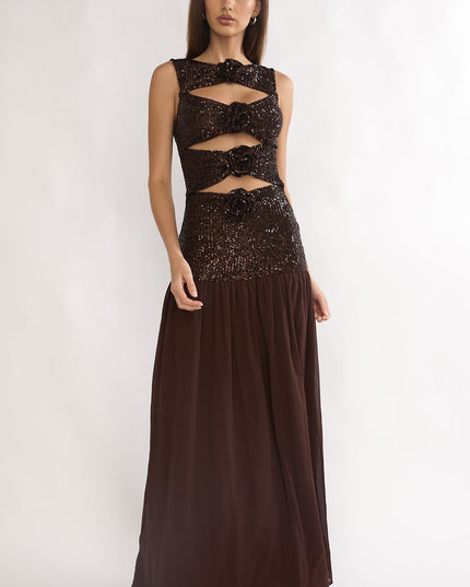 Rosette Cut-Out Sequin Maxi Dress Sequin Choco