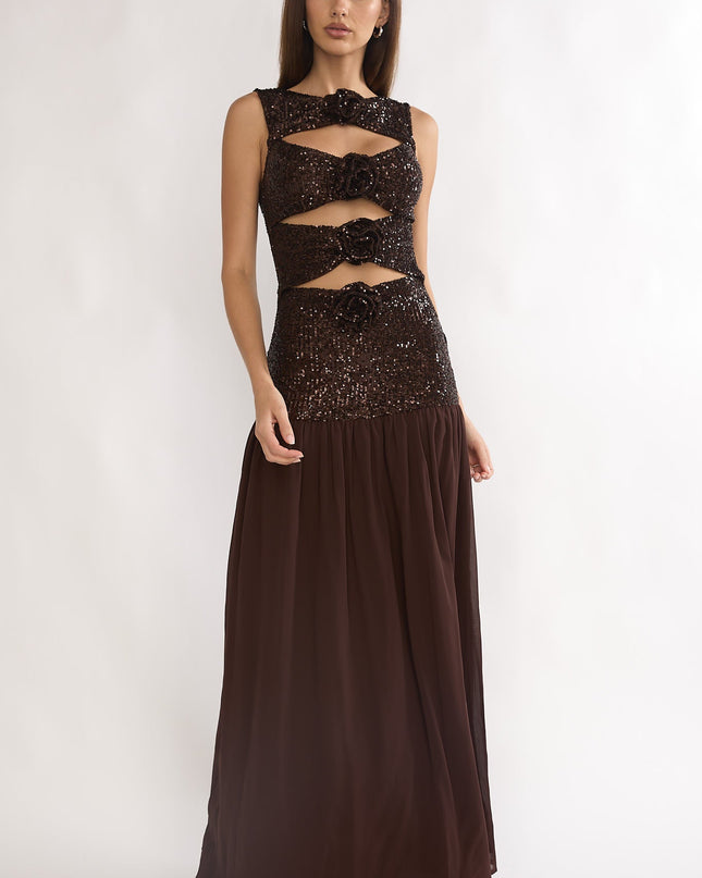 Rosette Cut-Out Sequin Maxi Dress Sequin Choco