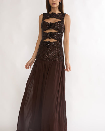 Rosette Cut-Out Sequin Maxi Dress Sequin Choco