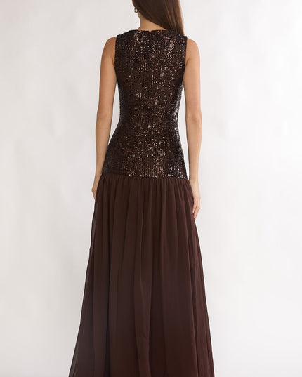 Rosette Cut-Out Sequin Maxi Dress Sequin Choco
