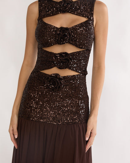 Rosette Cut-Out Sequin Maxi Dress Sequin Choco
