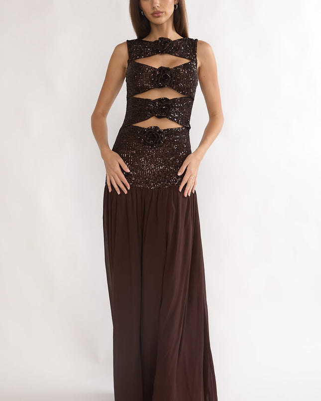 Rosette Cut-Out Sequin Maxi Dress Sequin Choco