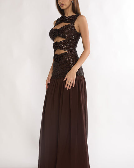 Rosette Cut-Out Sequin Maxi Dress Sequin Choco
