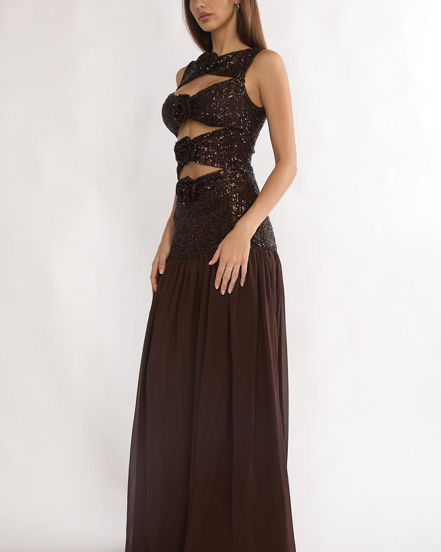 Rosette Cut-Out Sequin Maxi Dress Sequin Choco