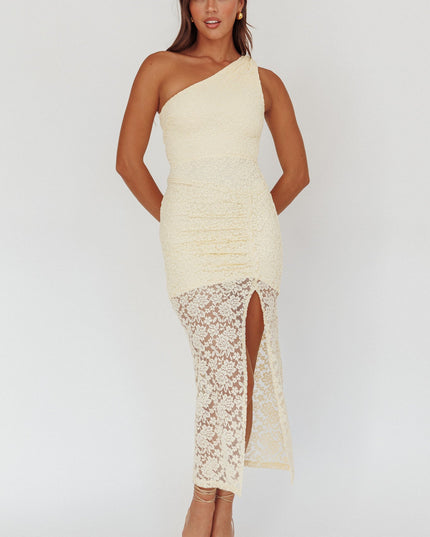 Yellow One-Shoulder Split Midi Dress Lace