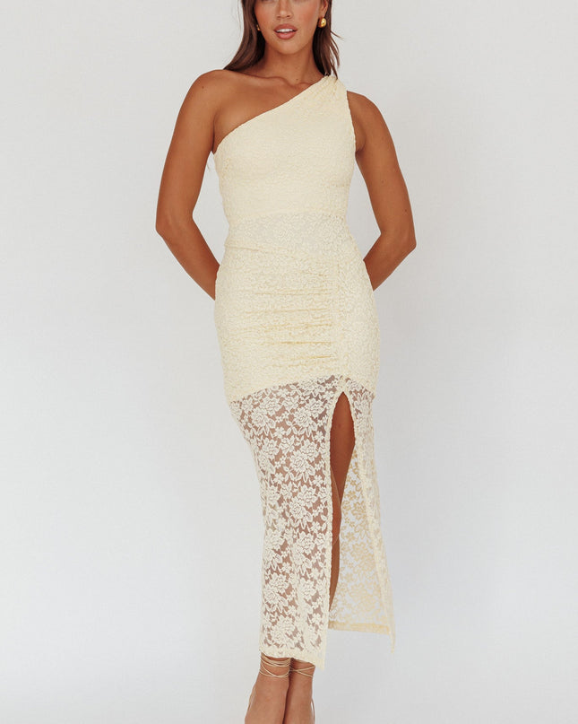 Yellow One-Shoulder Split Midi Dress Lace
