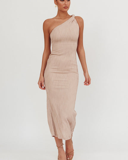 Beige One-Shoulder Twist Midi Dress
