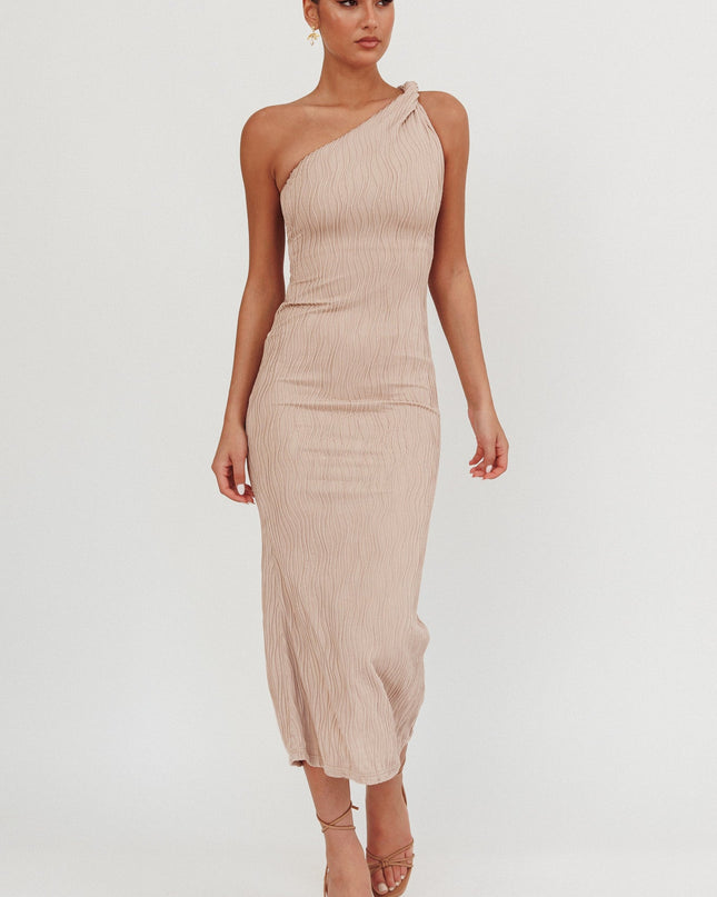 Beige One-Shoulder Twist Midi Dress