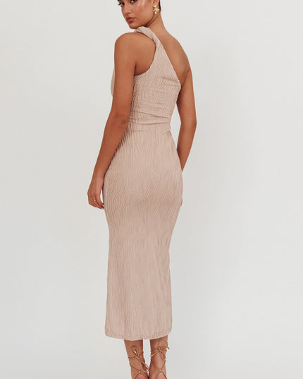 Beige One-Shoulder Twist Midi Dress