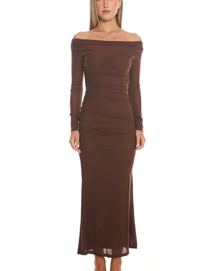 Chocolate Off Shoulder Mesh Maxi Dress